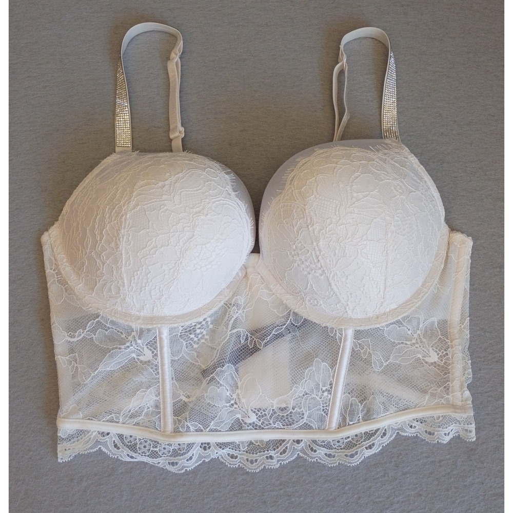 Victoria's Secret Very Sexy Push Up Corset Bra 36 C Bridal White Rhinestones